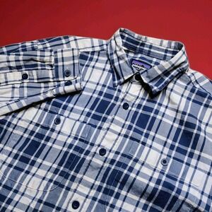 Patagonia Long Sleeve Pima Cotton Shirt Men's Large Blue Plaid Button Up Outdoor